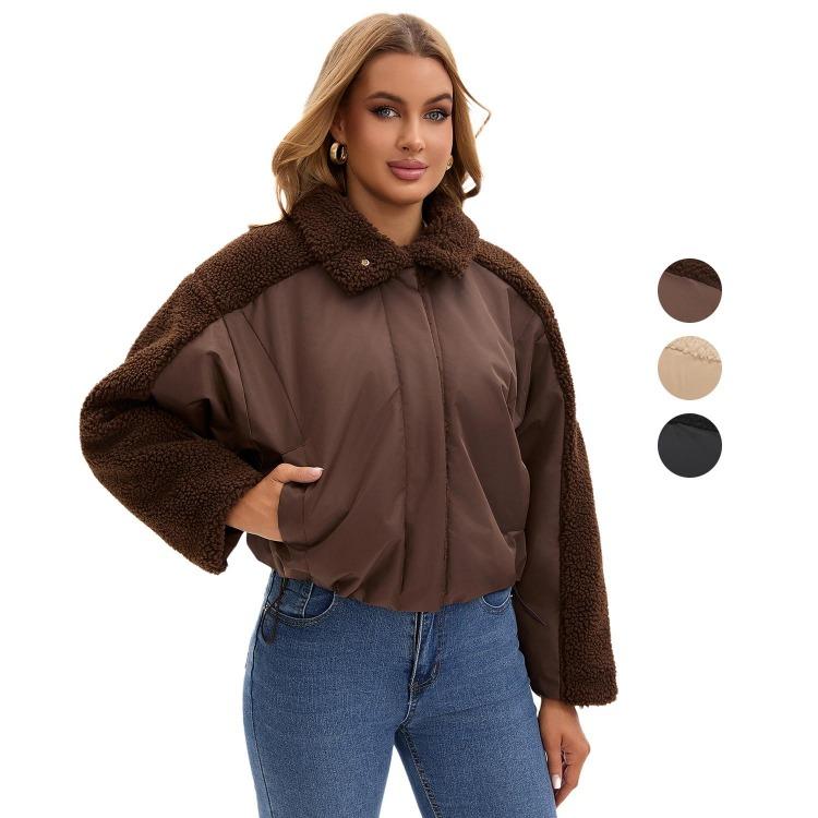 Vintage Style Womens Plush Fleece Bomber Jacket Windproof Warm Loose Fit Lapel Zipper Short Coat Long Sleeves Outerwear Autumn Winter Tops