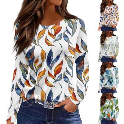 Women's Fashion Casual Slit Hem Round Neck Long Sleeve Loose Printed T-Shirt Ladies Top
