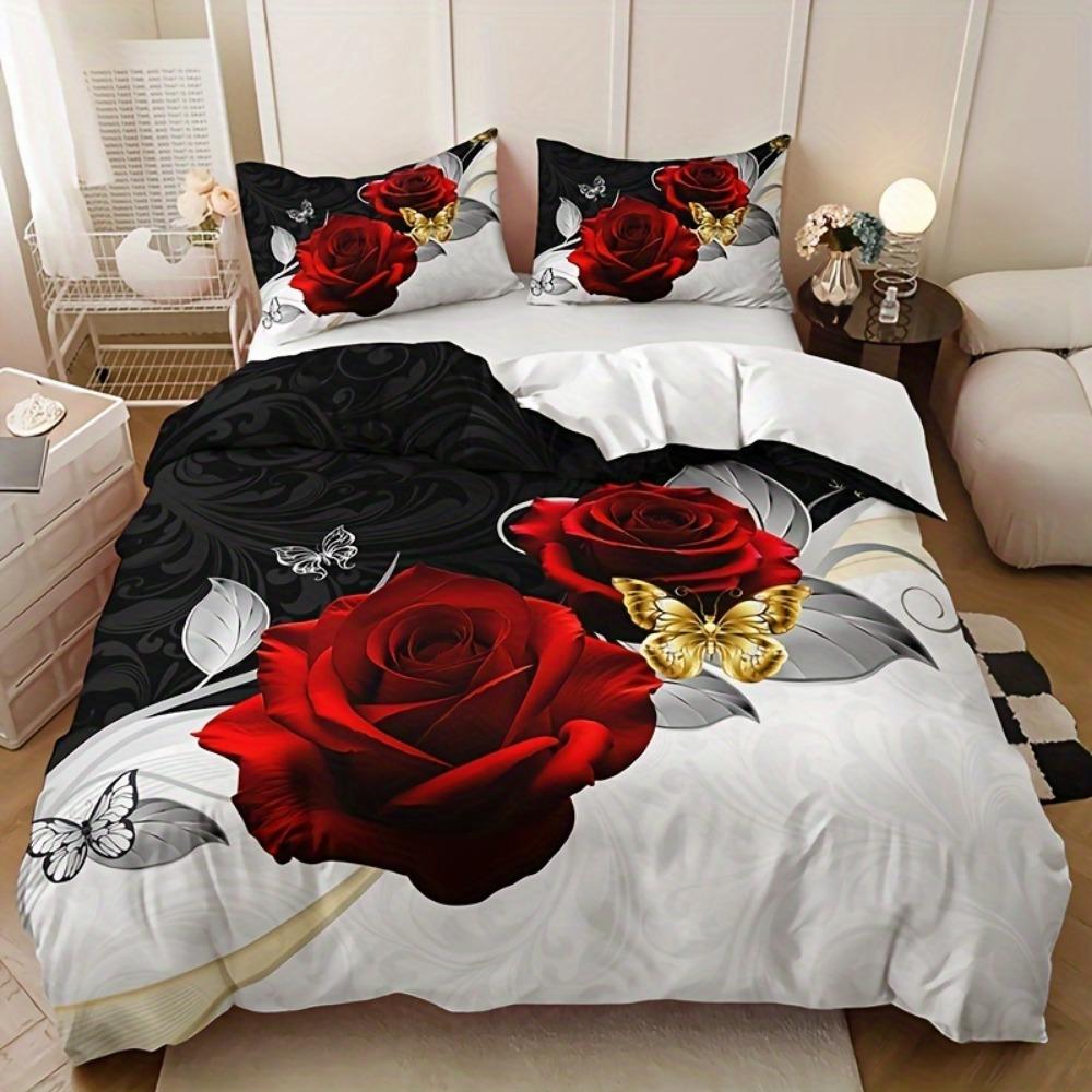 3pcs Bedding Set Golden Butterfly Romantic Rose Print Cozy Duvet Cover King Queen Twin Single Size Birthday Gift Bedroom Decor