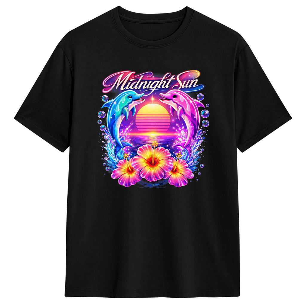 Vintage Retro Midnight Sun Dolphin Graphic Tshirt Unisex Vintage T Shirts Beach Oneck Harajuku Tees Wholesale Plus Size Tops