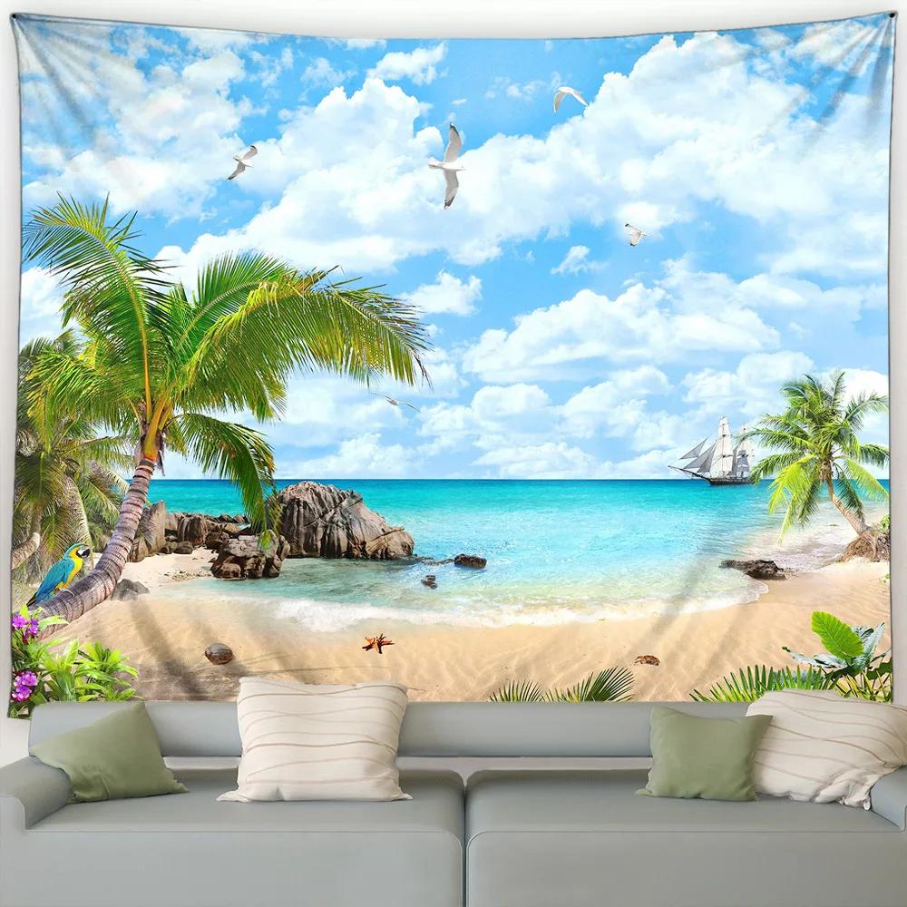 Island Landscape Wall Hanging Tapestry – Beach with Palm Trees At Dusk, Ocean Waves Fabric Art for Living Room, Dorm, Home Decor