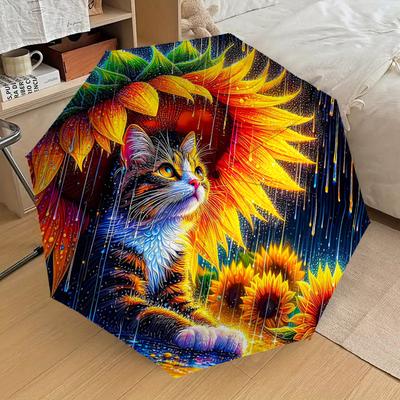 1PC Sunflower Cat Rainy Night Pattern Small Travel Automatic Folding Umbrella, Compact Windproof Umbrella, Automatic Open/Close ,Gift-091535