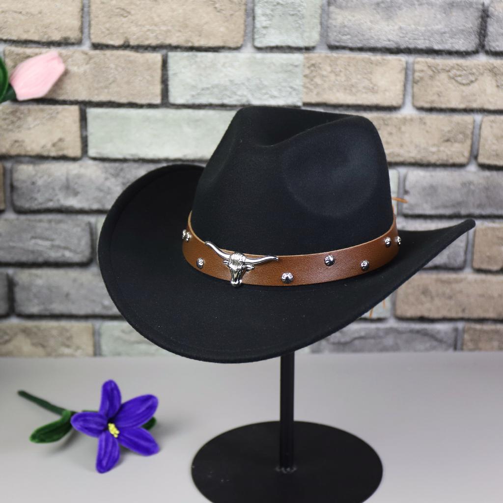 Hot-selling autumn and winter woolen felt hat men's and women's curved-brimmed jazz hat fashion bull's head accessories Tibetan denim top hat