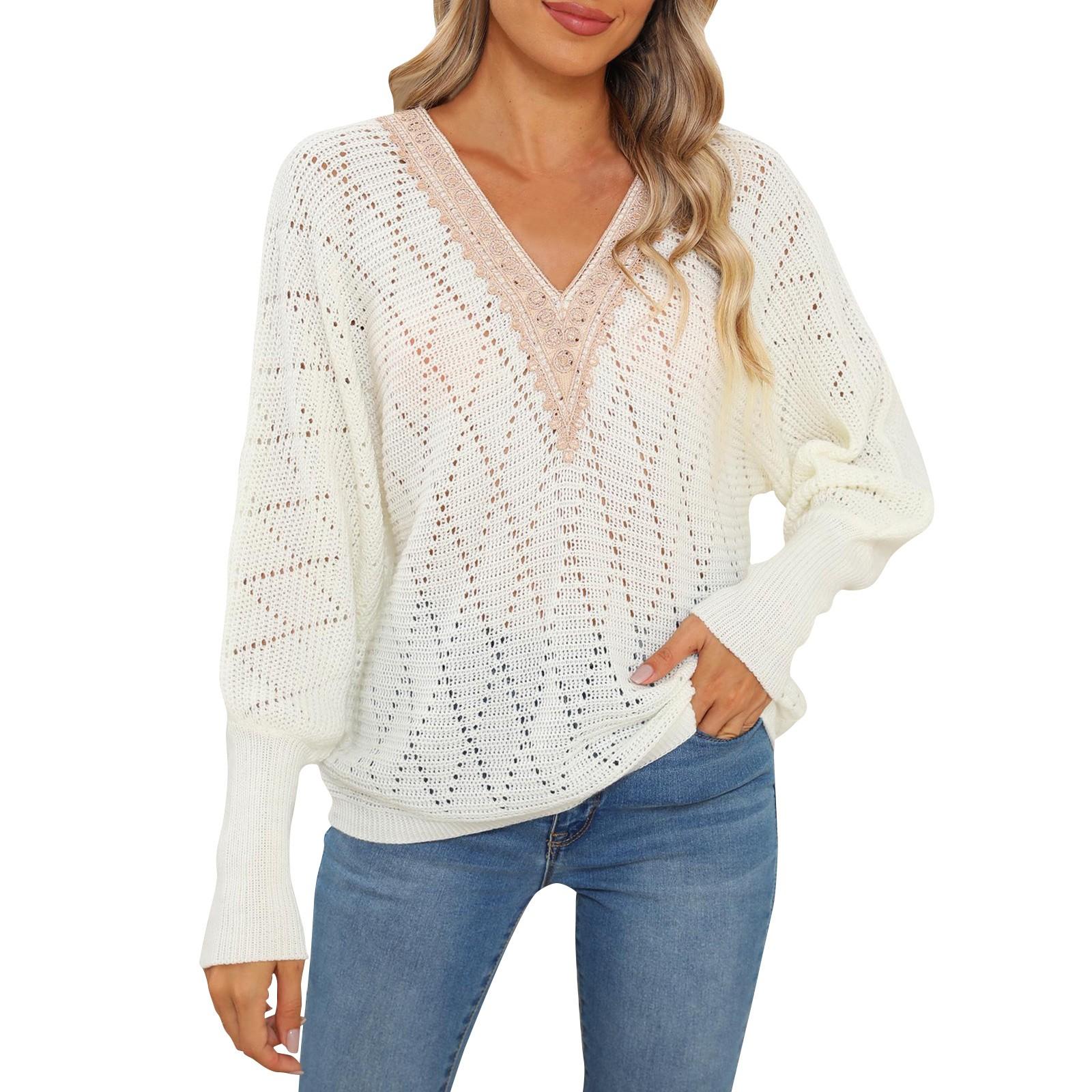 

Женский осенне-зимний полый тканый свитер, кружевной свитер с v-образным вырезом и рукавами L