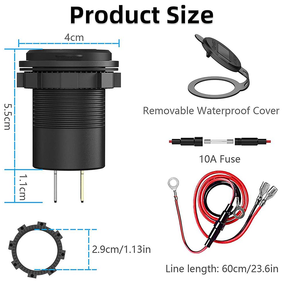 USB C Car Charger Socket 12V/24V Dual USB Socket PD3.0 and QC3.0 Car USB Port with LED Voltmeter and On/Off Switch