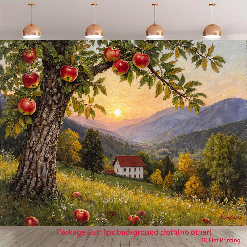 

2D Farmhouse Themed Tapestry, Autumn Apple Orchard with Farmhouse and Golden Sunset 47.2x31.5inch/120*80cm