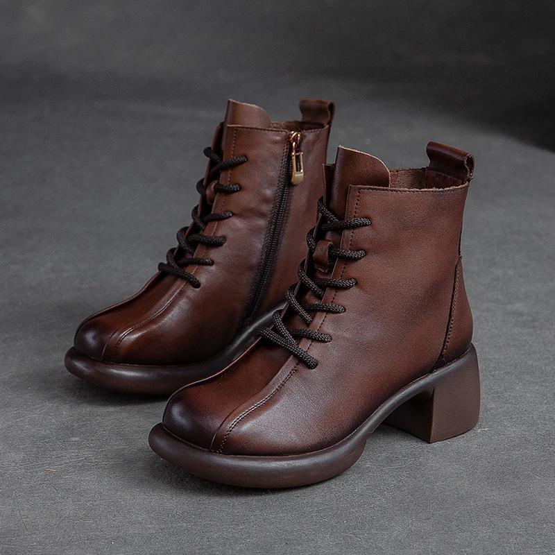 Fashion GKTINOO Handmade Retro High Heel Boots Women Autumn Winter Full Cow Leather Round Toe Zipper Trend Warm Ankle Boots Female