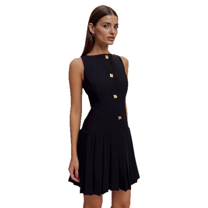 Women's Wide-hem Pleated Cinched Waist Sleeveless Dress