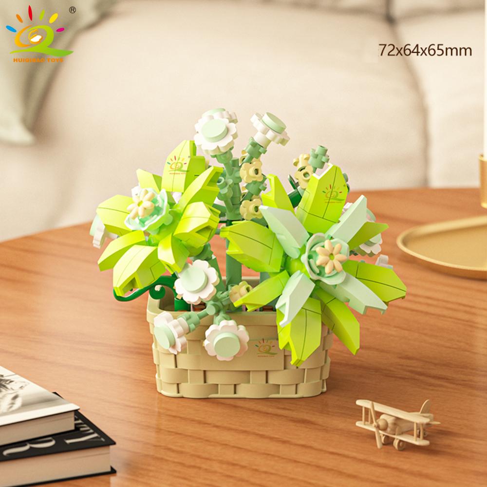 HUIQIBAO MOC Bouquet Potted Plant Micro Building Blocks Eternal Flower Model DIY Home Desk Decoration Brick Toy For Children