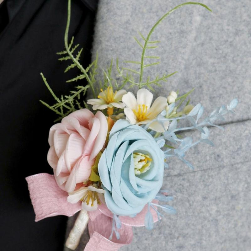 Set Of 5 Rose Boutonniere Silk Florals Lapel Pin Elegant Groomsmen Wedding Corsages Handmade Party and Prom Accessories
