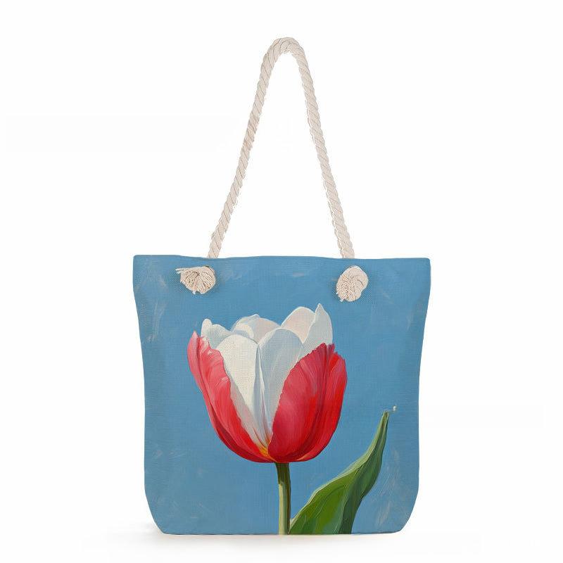 Tulip flowers print thick rope single-shoulder beach bag 7356 KTB