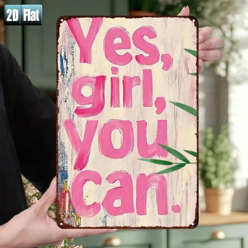Metal Poster Wall Art Inspirational Girl Yes You Can Retro Office Decor