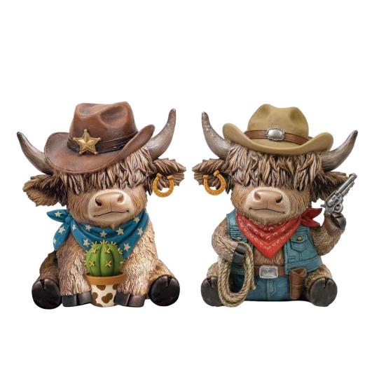 2 Pcs Cowboy Highland Cow Figurines Western Farmhouse Wooden Cow Statue with Cowboy A