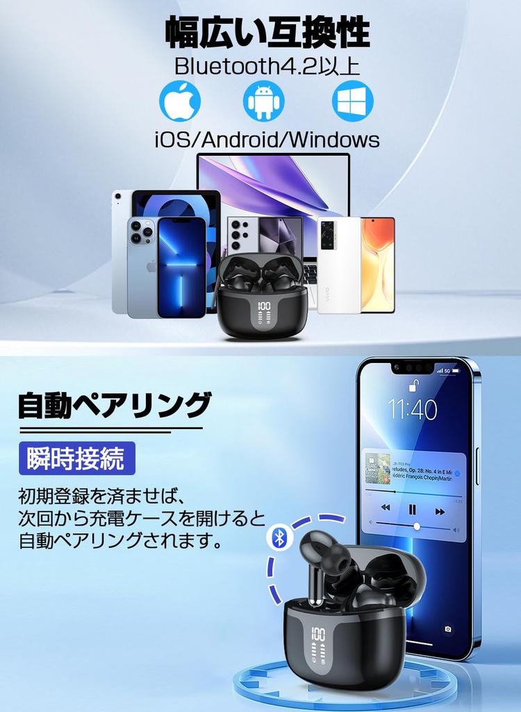 Bluetooth Enhanced Sound Wireless Bluetooth Bluetooth Canal ENC Call Noise LED Includes Automatic Comfortable Up to 40H Music Touch Japanese Voice