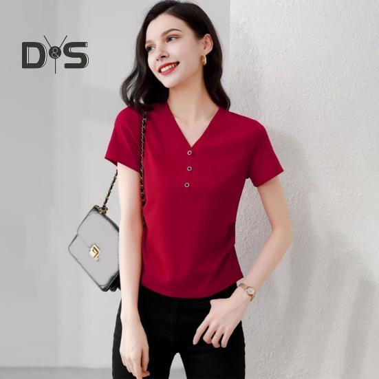 Damen T-Shirt mit V-Ausschnitt und Knöpfen, kurzärmelig, schmale Passform, weich, elastisch, Pullover, Oberteile für den Pendlerstil