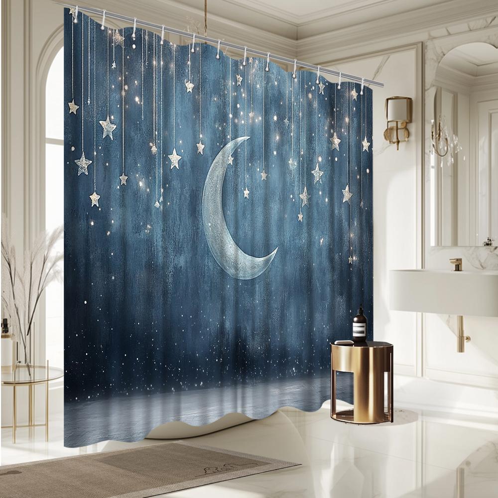 Night Sky Shower Curtain - Crescent Moon & Twinkling Stars, Blue & Grey Polyester, Fade-Resistant, Starry Bathroom Decor