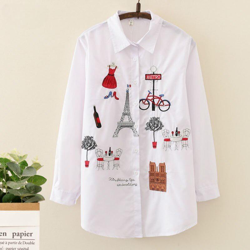 White Shirt Casual Wear Button Up Turn Down Collar Long Sleeve Cotton Women Blouse Tops Shirts