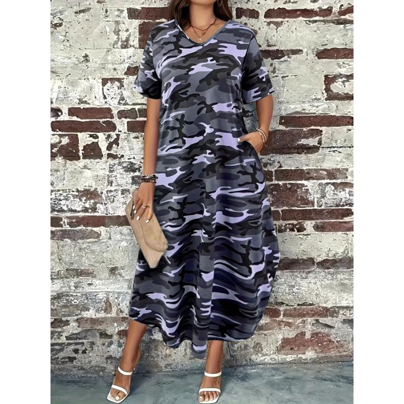 Women's Camouflage Print Dress Spring/summer Round Neck Short-sleeved Comfortable Casual Dress
