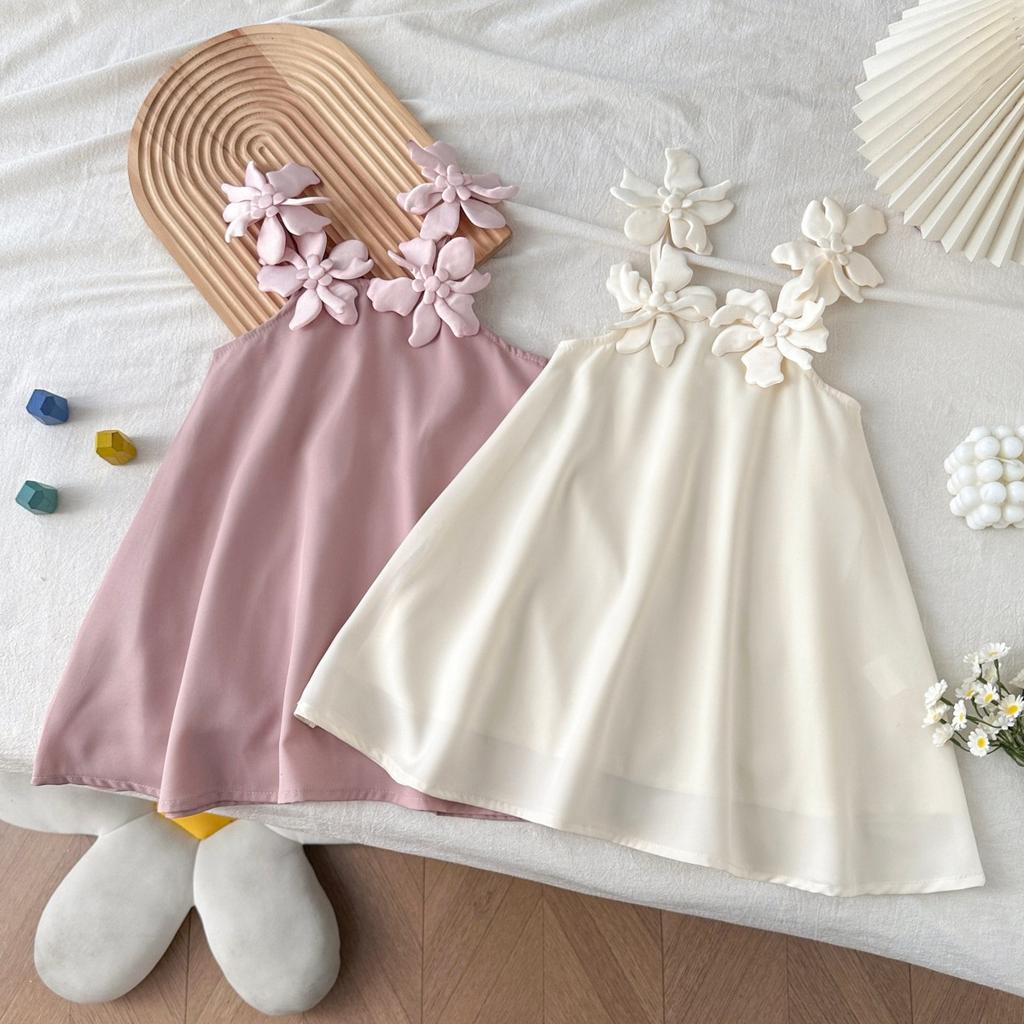 Girls Summer 3D Flower Strap Dress Sweet Loose Princess Fashionable Party Dress