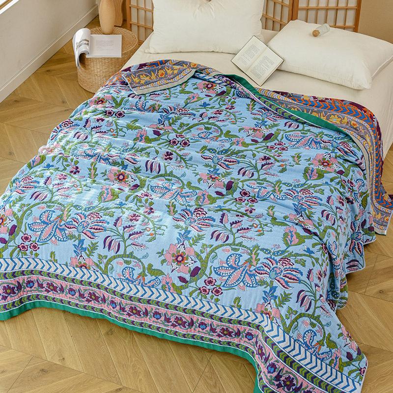 

100% Cotton Blanket, Fresh Sheets, Four-Ply Gauze Sheets, Reversible, Colorful and Decorative 150x200cm синий