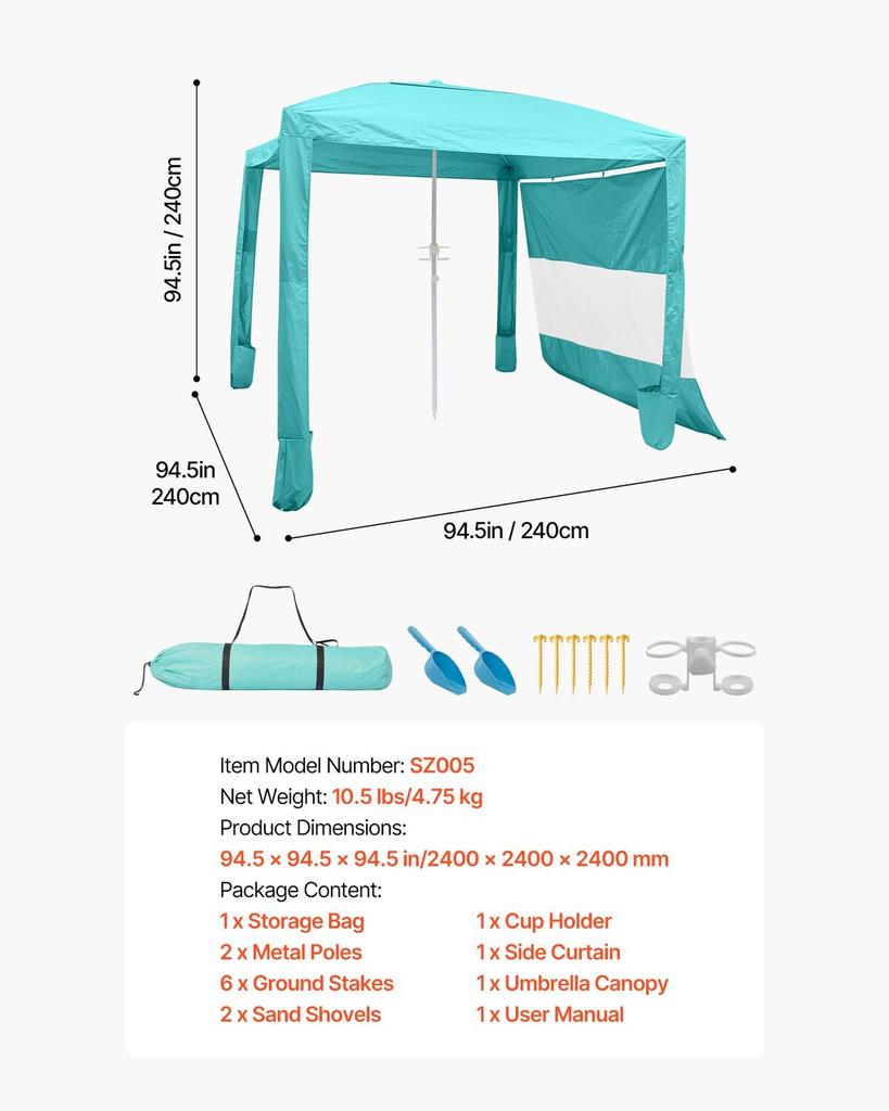 Beach Cabana, 2.4 X 2.4 M Beach Canopy with Side Wall, UPF 50+ Protection Easy Setup Cabana Tent with Sand Pockets, Adjustable Height Portable Shade