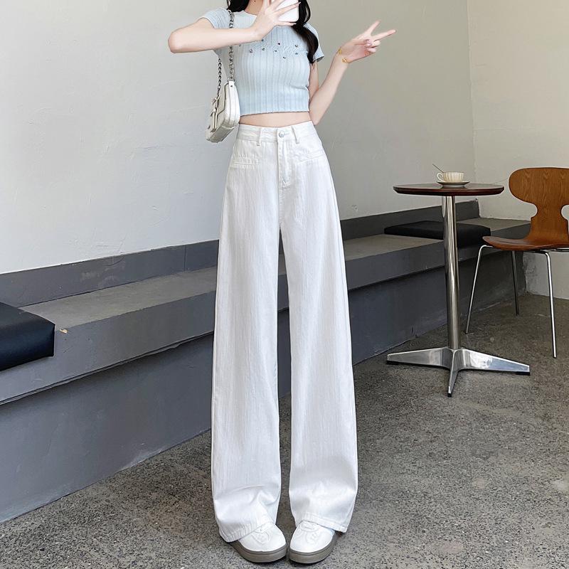 

Women s High-Waisted White Wide-Leg Jeans, Plus Size, Versatile Spring/Autumn Floor-Length Pants 2XL