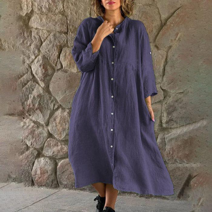 Women's Plus Size White Summer Shirt Dress - Mid-Sleeve, Single-Breasted, Knee-Length with Relaxed Fit