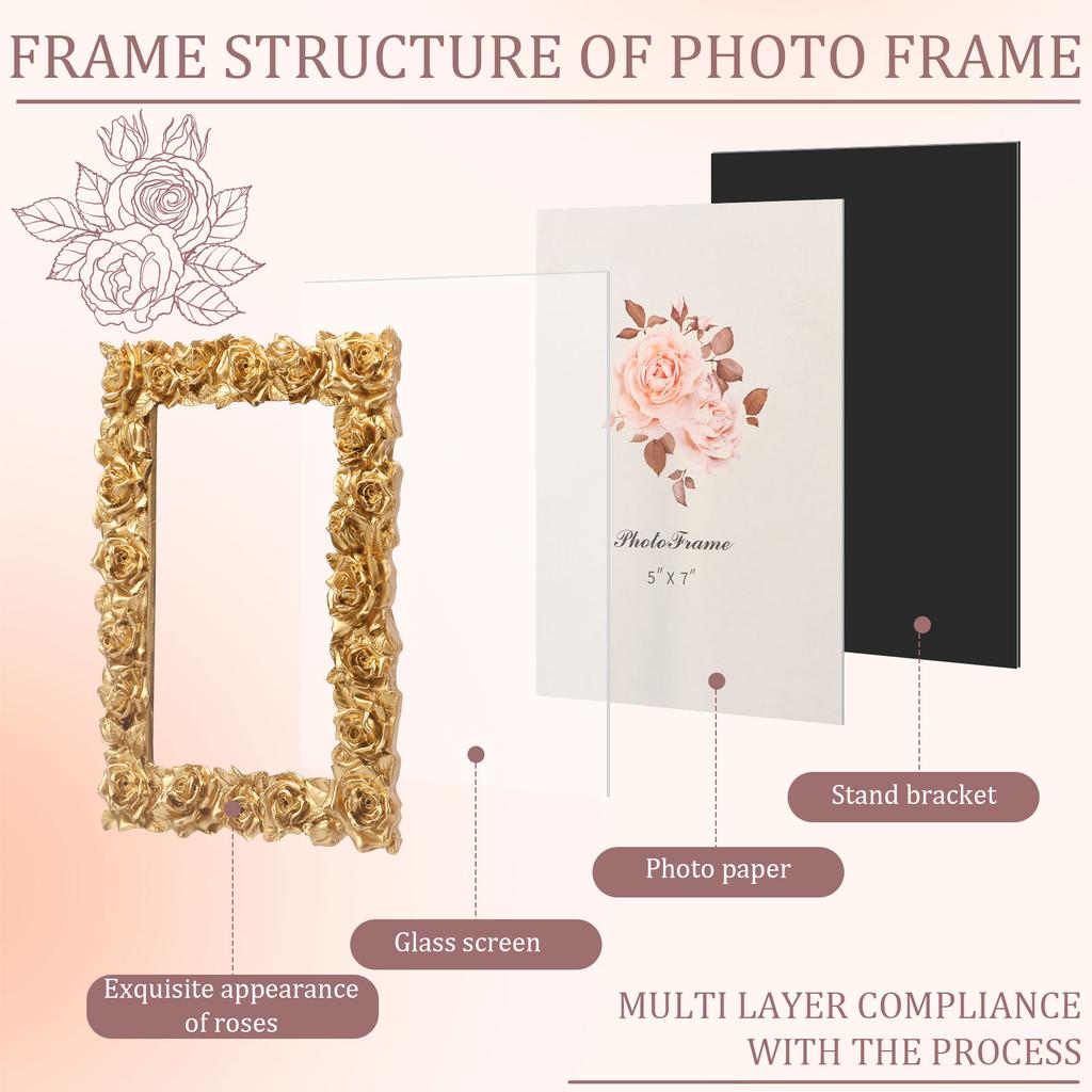 2Pcs Antique Picture Frame 5"x7" Resin Flower Photo Frame Vintage Photo Frames with Glass Front Tabletop Ornament for Home Decor