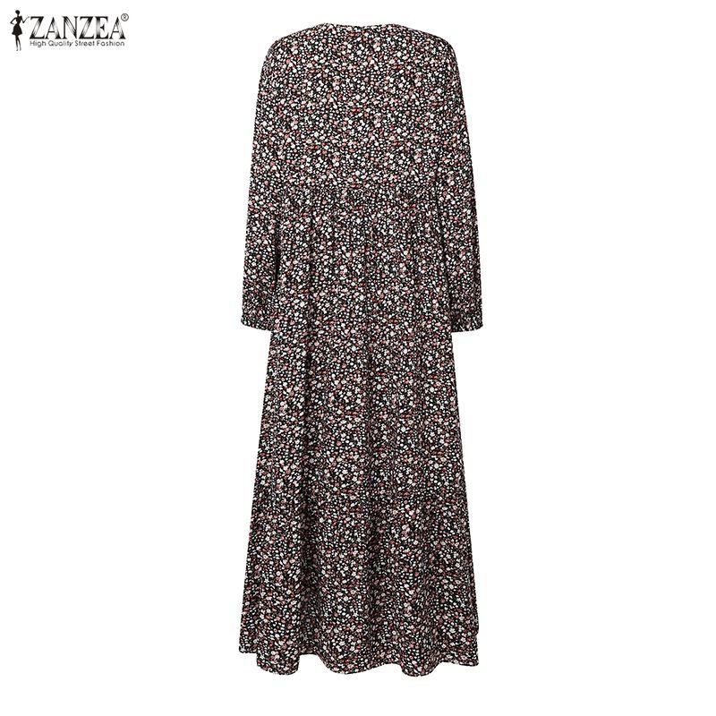 ZANZEA Herbst Frühling Damen Vintage Langarm Blumendruck Lässig A-Linie Dünn Maxikleid