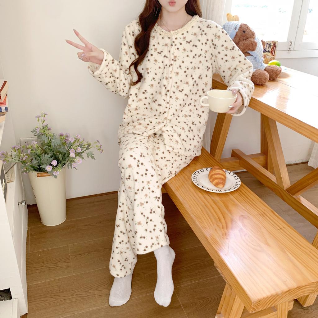 Herbst- und Winter Damen Frischer und Bequemer Pyjama Dick Warm Einfaches Hausanzug-Set