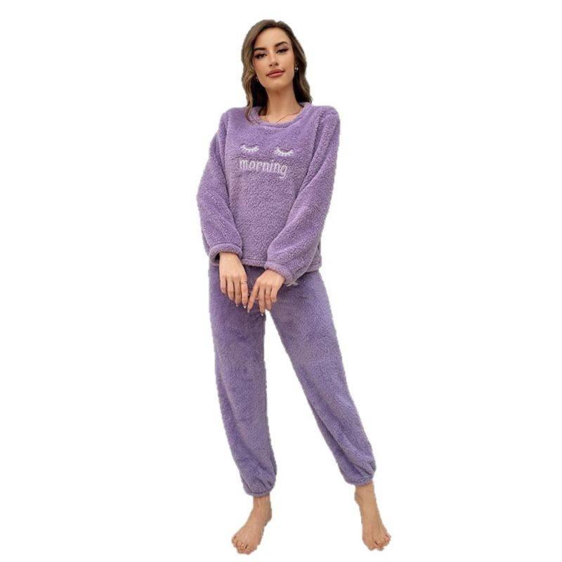 Women's Fluffy Pajama Set - Casual Round Neck Long Sleeve Embroidered Letter Pattern - Teddy Fluffy Casual Pajamas for Winter Warmth, Top and Pants