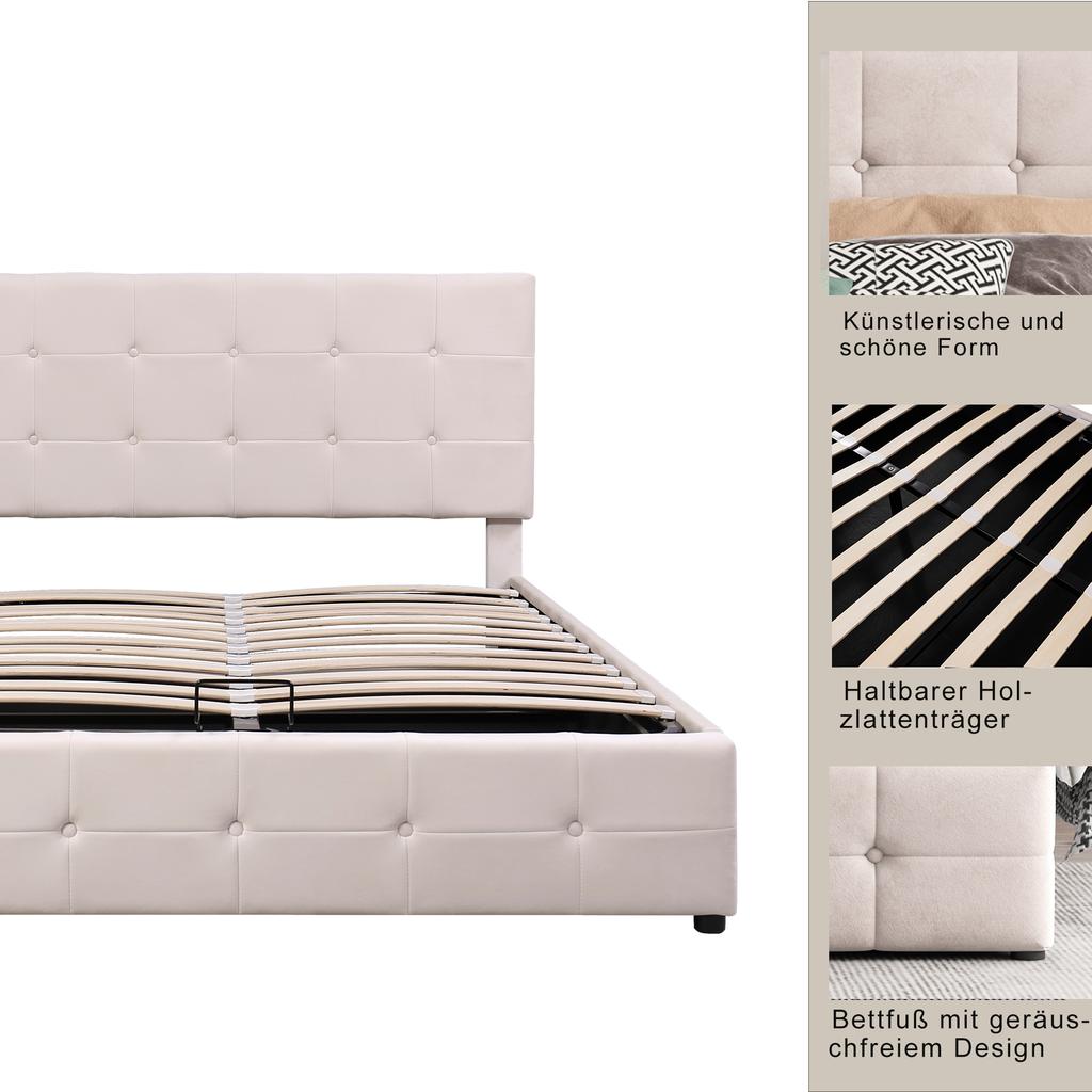 Letto imbottito 140*200, letto matrimoniale con contenitore sollevabile idraulicamente, testiera, rete a doghe metallica, tessuto in velluto, bianco crema