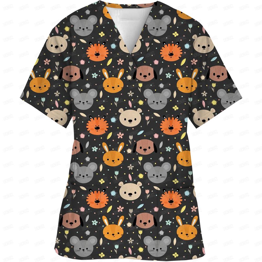 

Женская пасхальная униформа медсестры с рисунком из мультфильмов, короткий рукав, V-образный вырез, рабочая эластичная одежда, медицинские халаты, комбинезоны, униформа для сиделок M