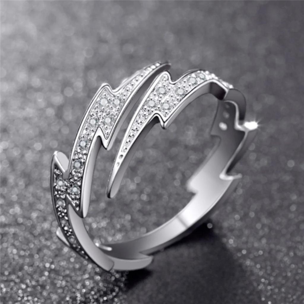 Punk Hip Hop Silver Color Zircon Lightning Open Rings for Men Fashion Jewelry Gift Creative Adjustable Ring
