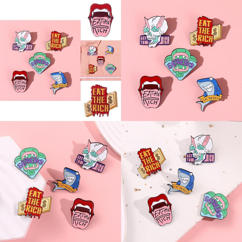 Adorable Cartoon Shark Skull Metal Brooch Featuring Cute Lips Design For Fashionable Accessories