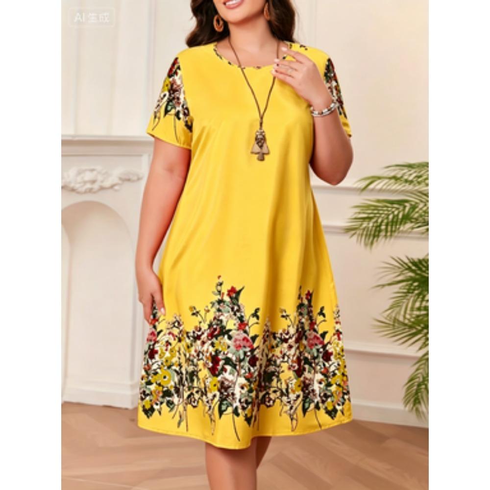 Big Size Women's Dress 3D Vintage Floral Summer Short Sleeve round Neck Casual Dress