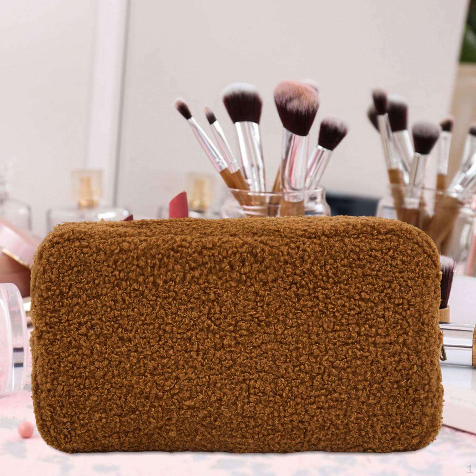 

Cosmetic Bag Makeup Organizer Case Plush Fabric Large Capacity Portable with Zipper Storage Pouch темно-коричневого кольору