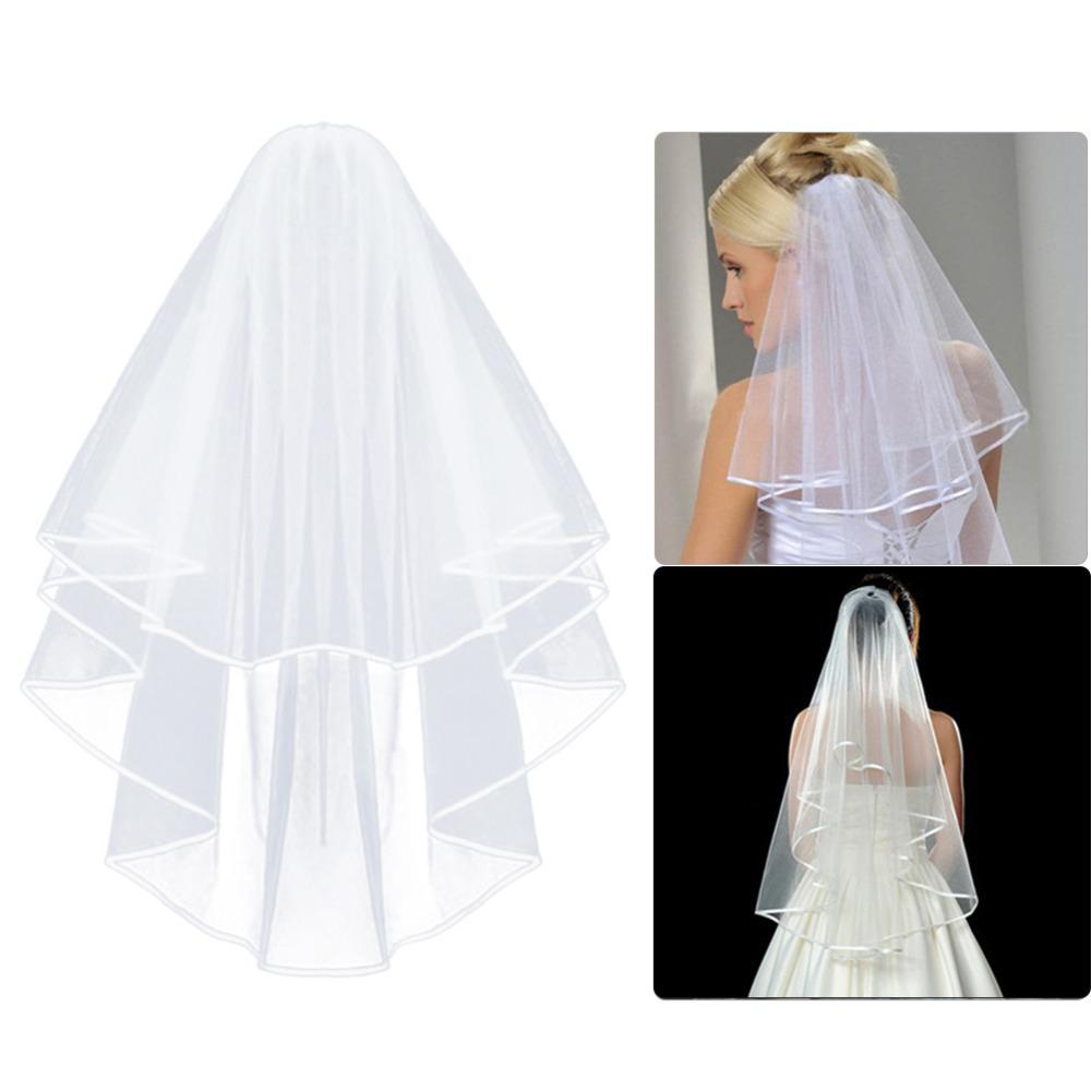 

White Double Layer Satin Ribbon Edged Bridal Veil with Comb for Bachelorette Party 60*80cm, 42g чистый белый