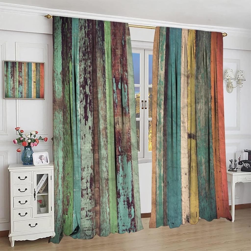 Retro Colorful Curtains, Vertical Wood Planks In Colorful Design Carpentry Oak Timber Rustic Country Life,Window Drapes 2 Panel Set Beautiful Room