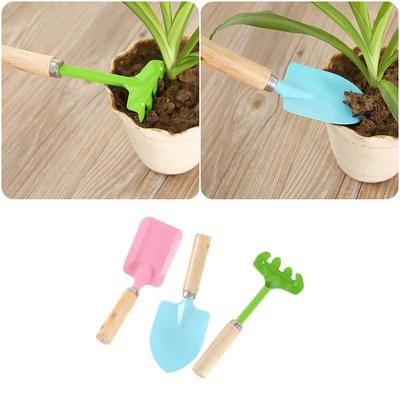 3Pcs with Wooden Handle Kids Gardening Tools Set Trowel Rake Shovel Small Shovel Rake Kit  Children