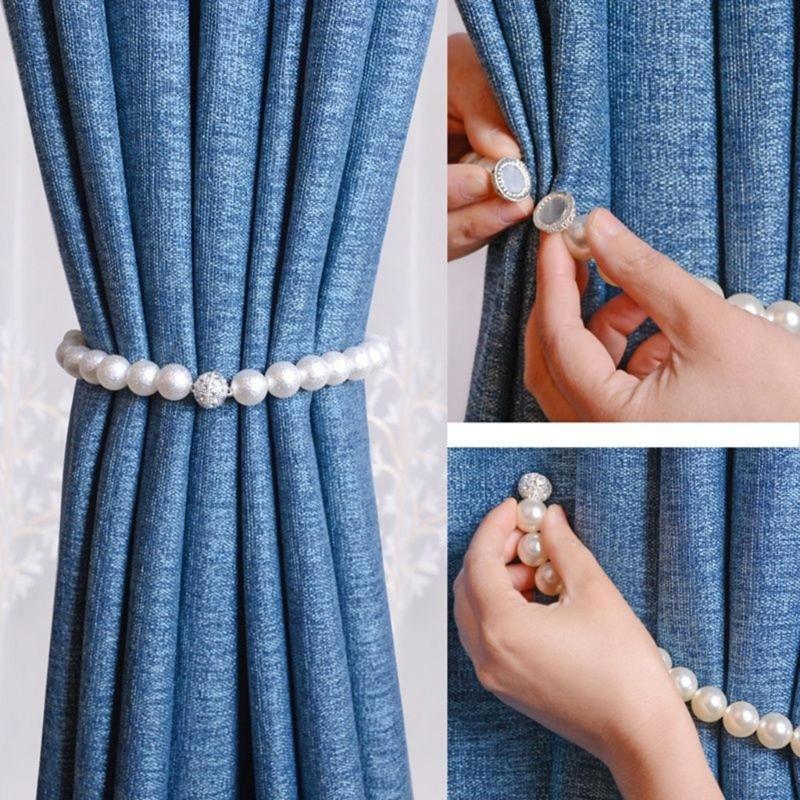 Confezione da 2 Fermacravatta per Tende con Perle, Moderni Fermacravatte Decorativi per Tende con Cordino
