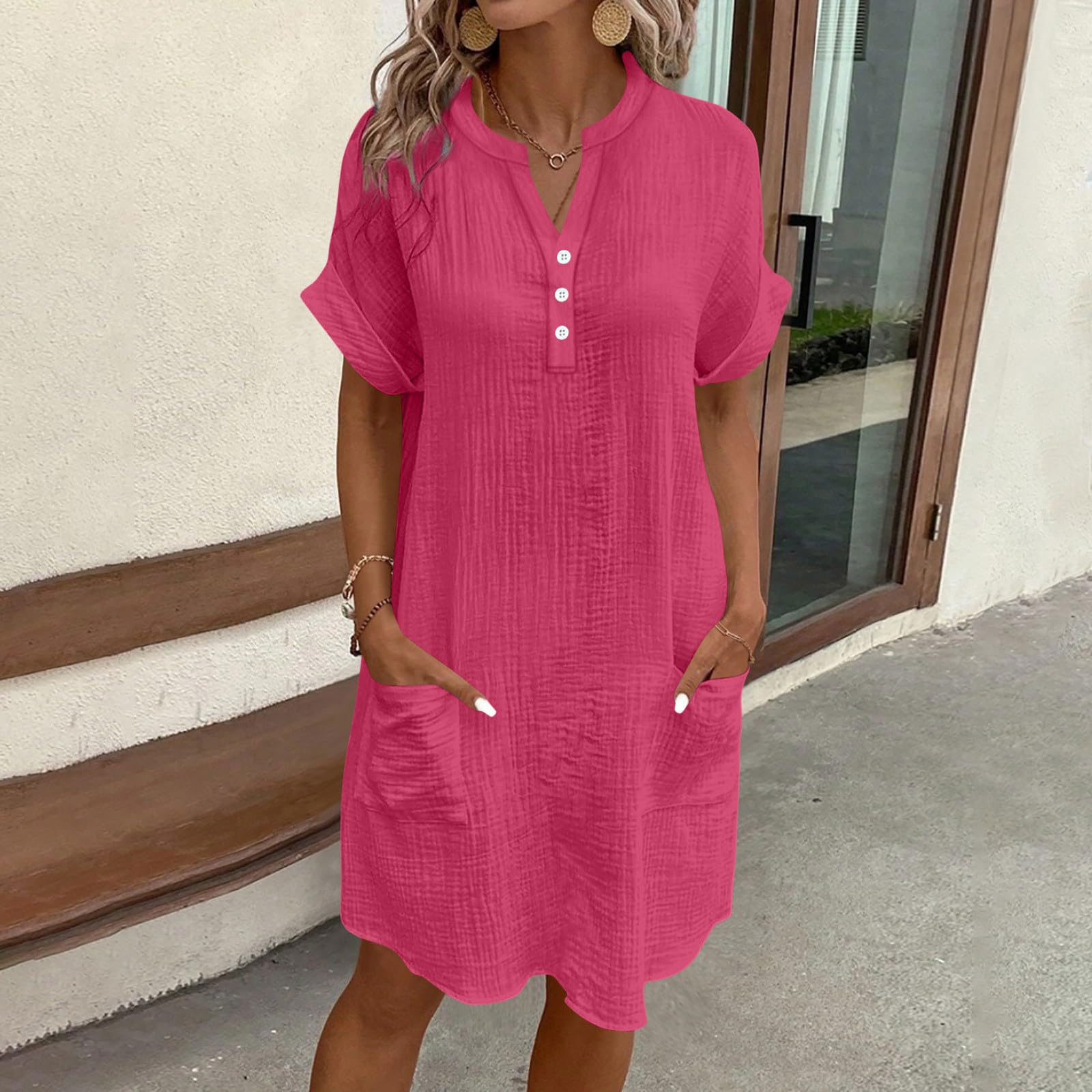 

Women V Neck Button Short Sleeve Dress with Pockets Loose Fit Casual Lightweight Tunic Dress for Daily Wear XXL