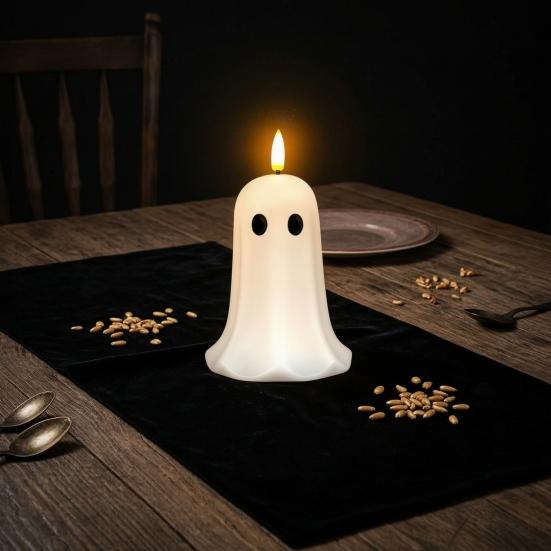 Realistic Wax Ghost Candle Halloween Flameless Candles, Battery Operated LED Flickering Light, Real Bedroom Nightstand Ornament Cute 3D Pillar