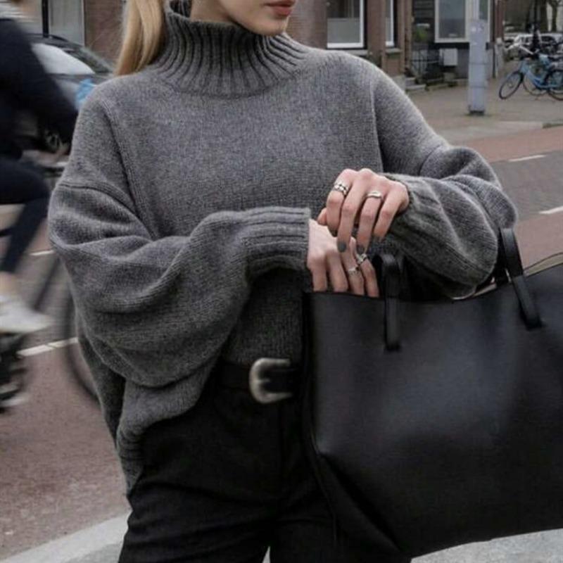 

Autumn and winter new semi-turtleneck sweater women s loose large size thin versatile lazy wind pullover thickened knitted sweater XL серый