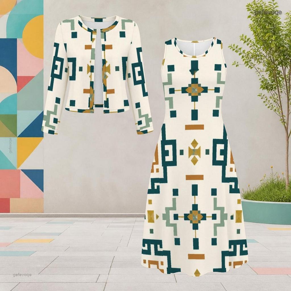 Women Plus Size Round Neck Long Sleeve Black White Printed Two Piece Dress Set