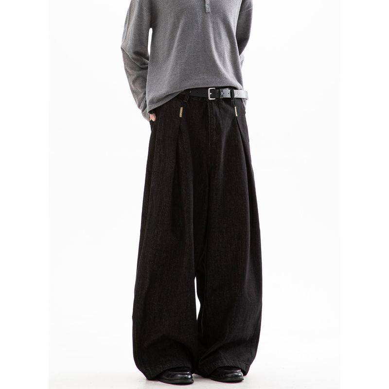 Dream Made American-Style Pleated Denim Raw Denim Color Jeans for Men, Spring and Autumn Straight-Leg Wide-Leg Vibe Style Pants