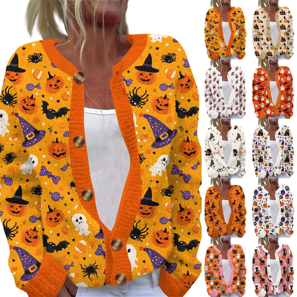 Damen Halloween Print Langarm Strickjacke Knopfleiste Oberbekleidung