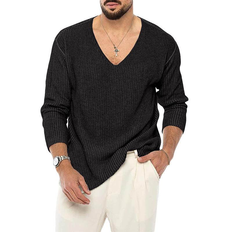 Men's V-Neck Solid Color Long Sleeve Knit Sweater - Autumn/Winter Fashion
