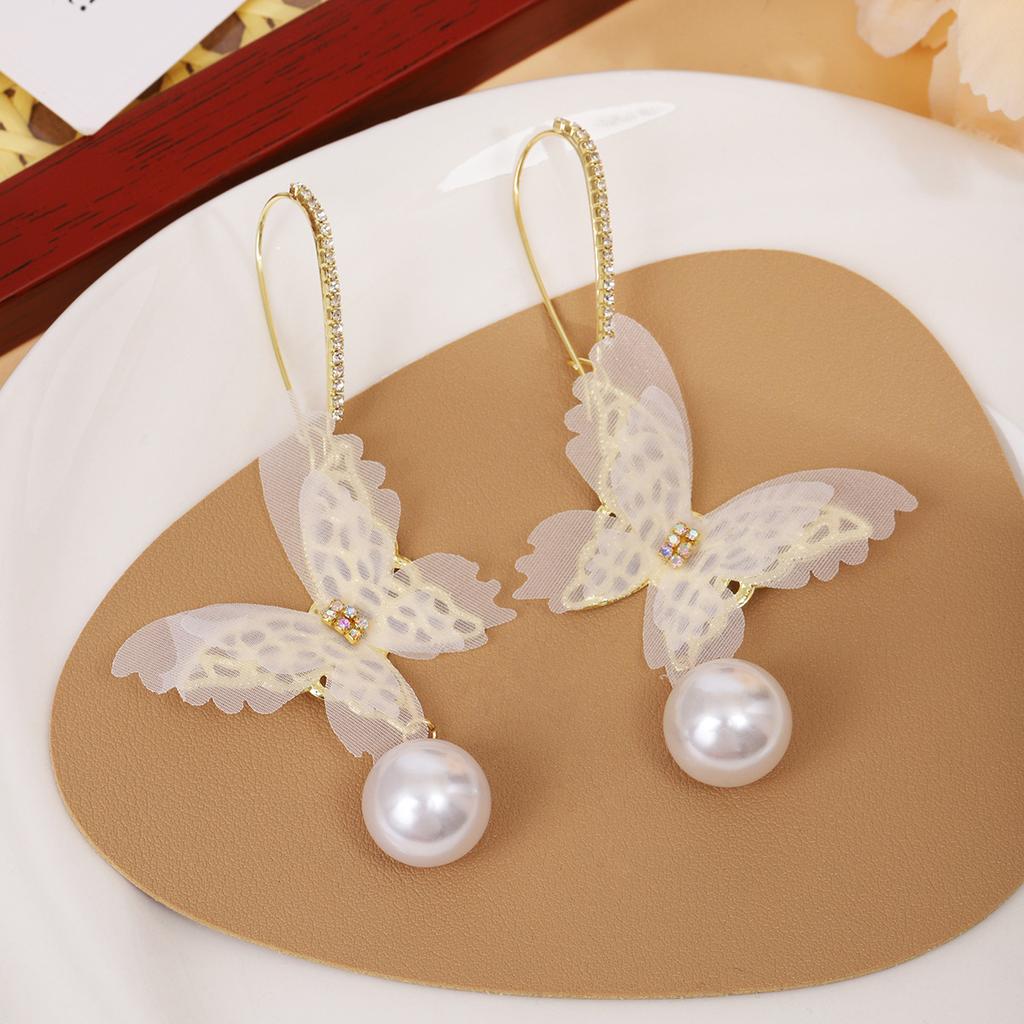 Super Fairy Mori Gentle Fabric Mesh Butterfly Ear Buckle, Simple And High-End Exquisite Diamond-Set Pearl Earrings