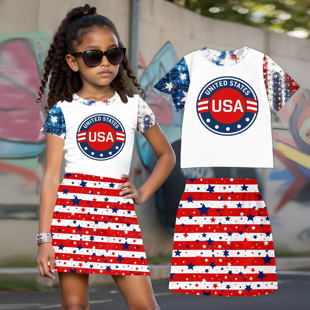 Completo due pezzi per bambina con top a maniche corte girocollo e gonna Set Abbigliamento casual estivo a vestibilità larga per bambini